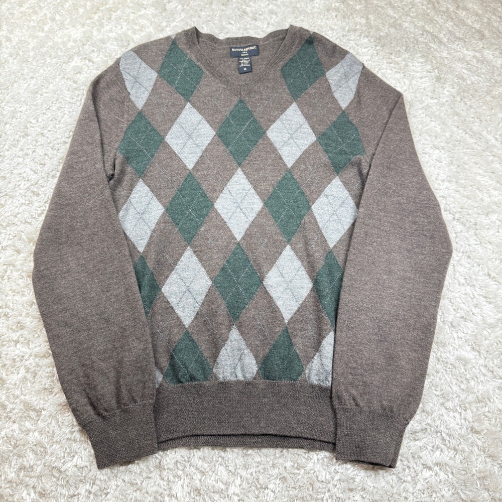 Banana Republic Sweater Men's Medium Merino Wool Argyle V Neck Preppy Heritage